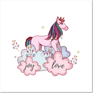 Cute Little Pastel Colored Unicorn With Joy & Love Text Posters and Art